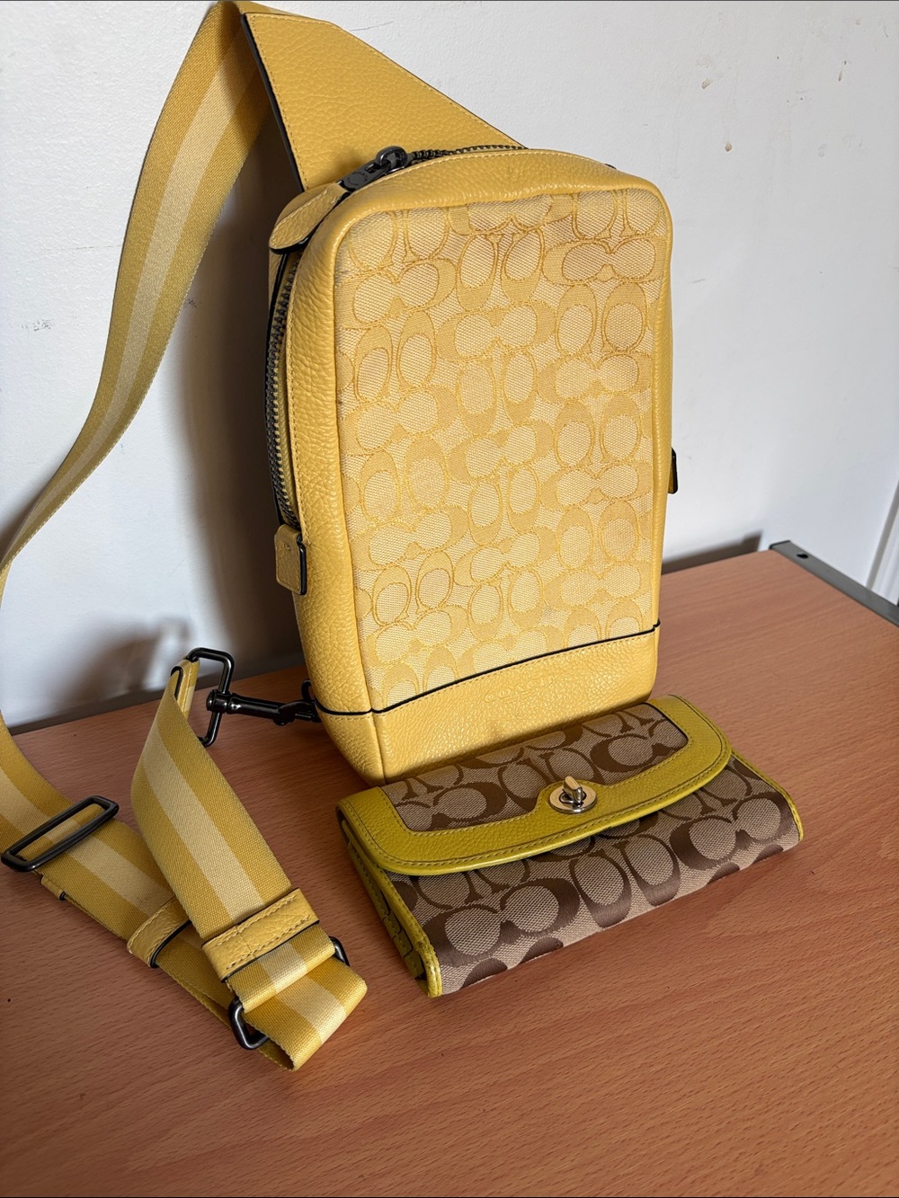 Coach Yellow Signature Crossbody Sling with Matching Wallet